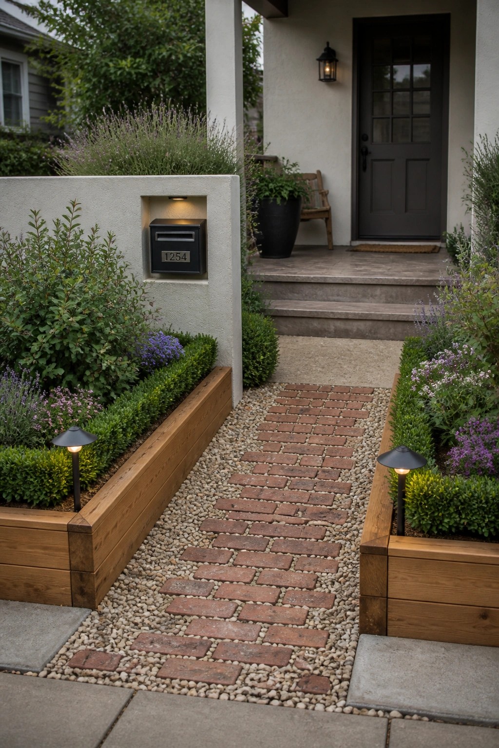 A brick and gravel path lined on both sides by wooden raised garden beds filled with shrubs and flowering plants, leading toward a house entrance.