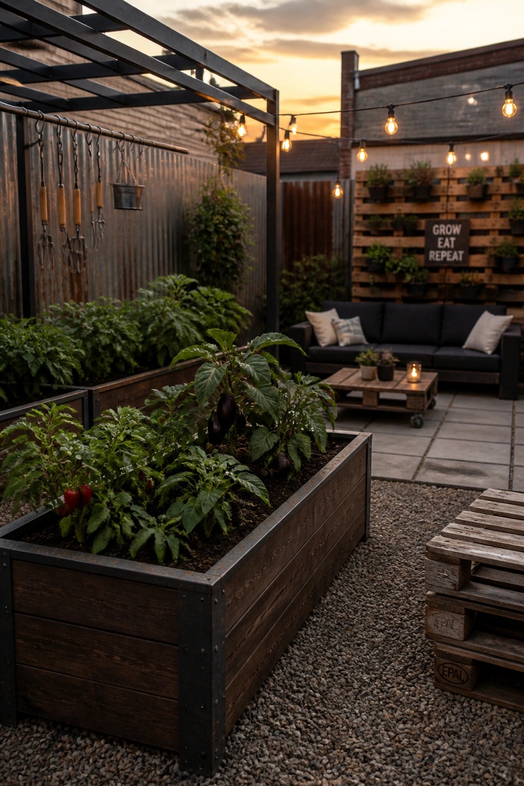 Wooden raised garden beds with metal corners contain vegetable plants including peppers and eggplants, set on gravel beside a patio with outdoor seating.