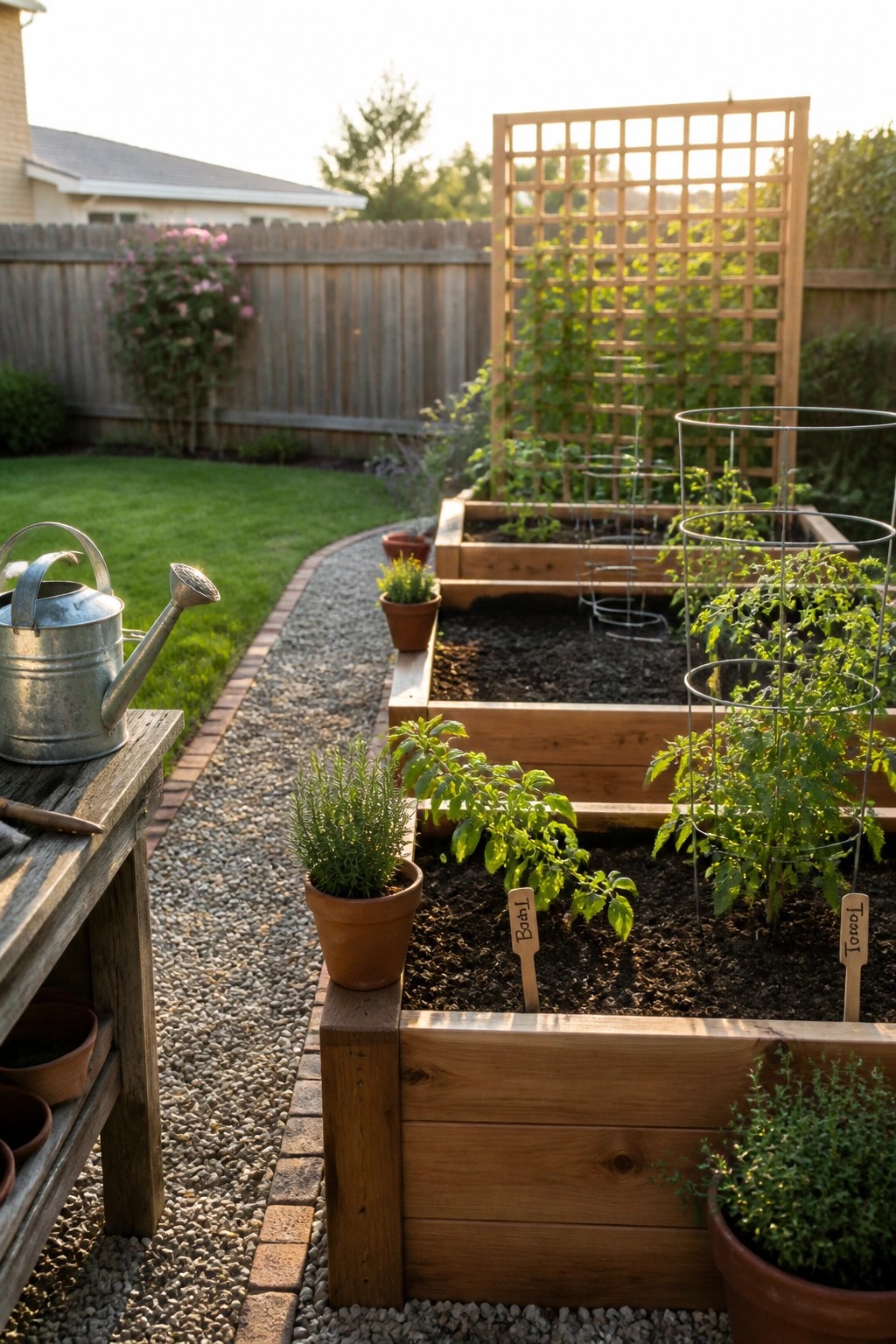 A backyard view of several wooden raised garden beds with tomato plants, herbs, and metal supports, a gravel path running alongside, and a wooden lattice screen in the background.