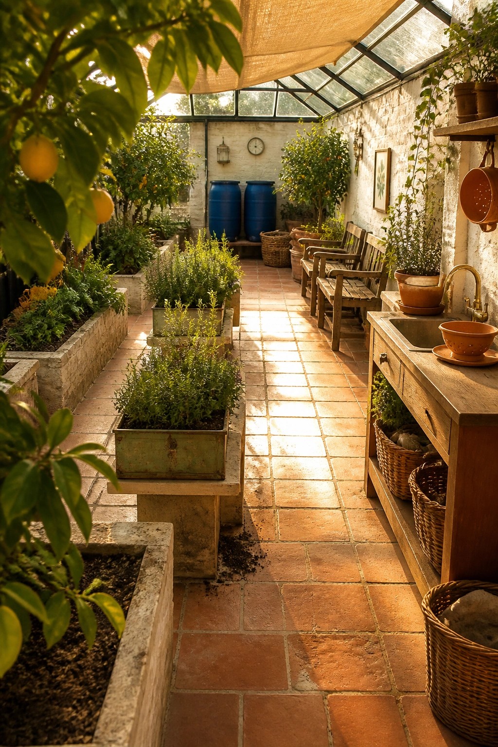 Interior view of a greenhouse featuring a central terracotta tile pathway, raised plant beds on the left side, wooden benches and a sink area on the right, and various potted plants along the walls.