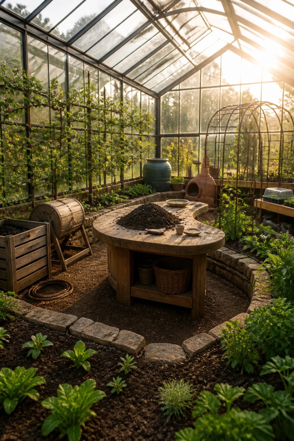 A round wooden work table with a pile of soil on top sits at the center of a glass greenhouse, surrounded by raised planting beds and gardening supplies.