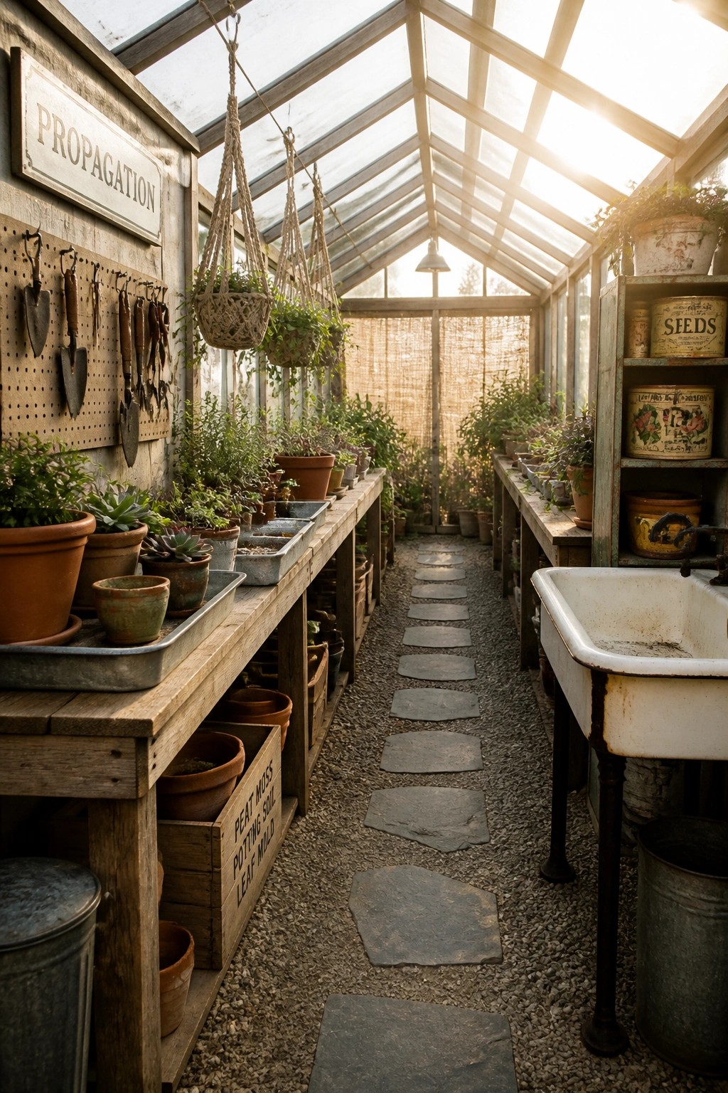 Greenhouse interior with long wooden workbenches on both sides of a central gravel path lined with flat stepping stones, potted plants, hanging baskets, and wall-mounted tools.