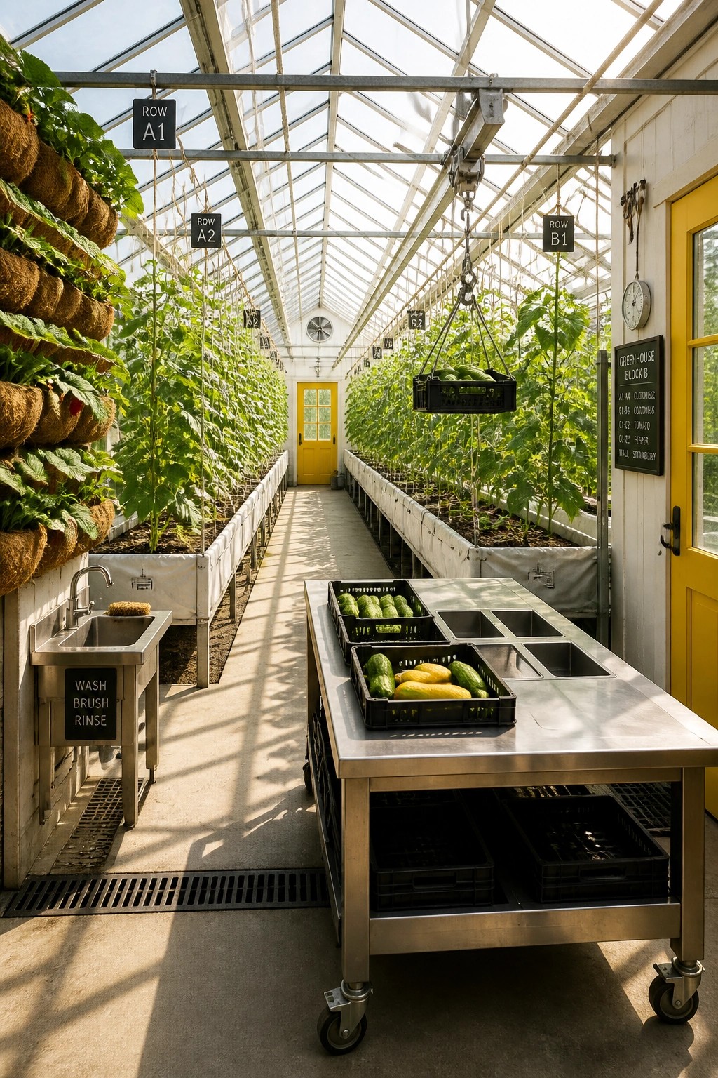 A greenhouse interior with a stainless steel rolling table holding black crates of cucumbers and squash, labeled growing rows on both sides, and a wash sink station on the left.