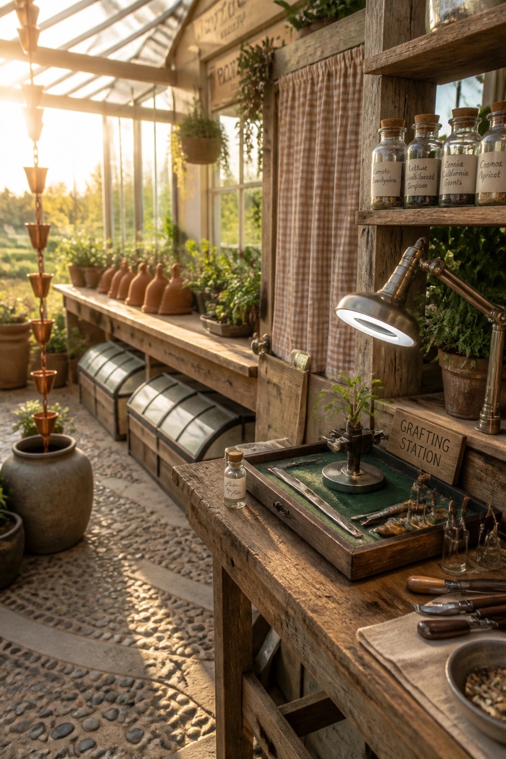 A wooden workbench inside a greenhouse with a labeled grafting station, tools, a small plant in a holder, and glass seed jars on a shelf above.