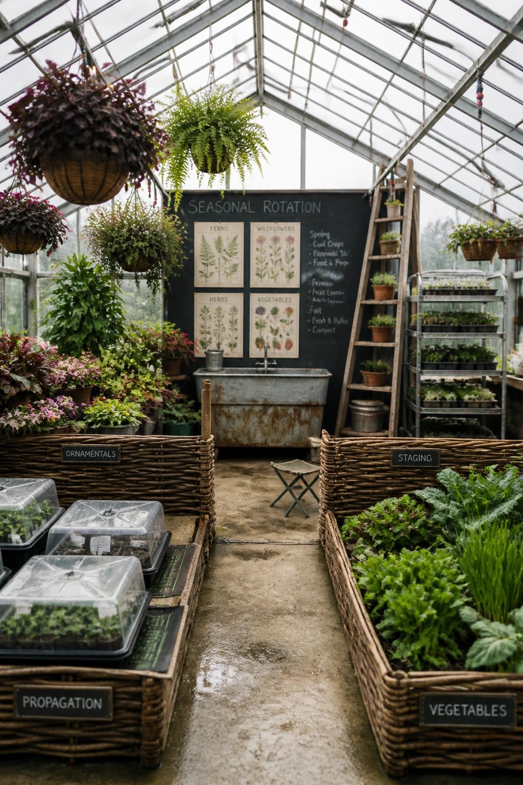 Lush greenhouse with hanging plants, labeled wicker baskets, chalkboard, and metal sink.