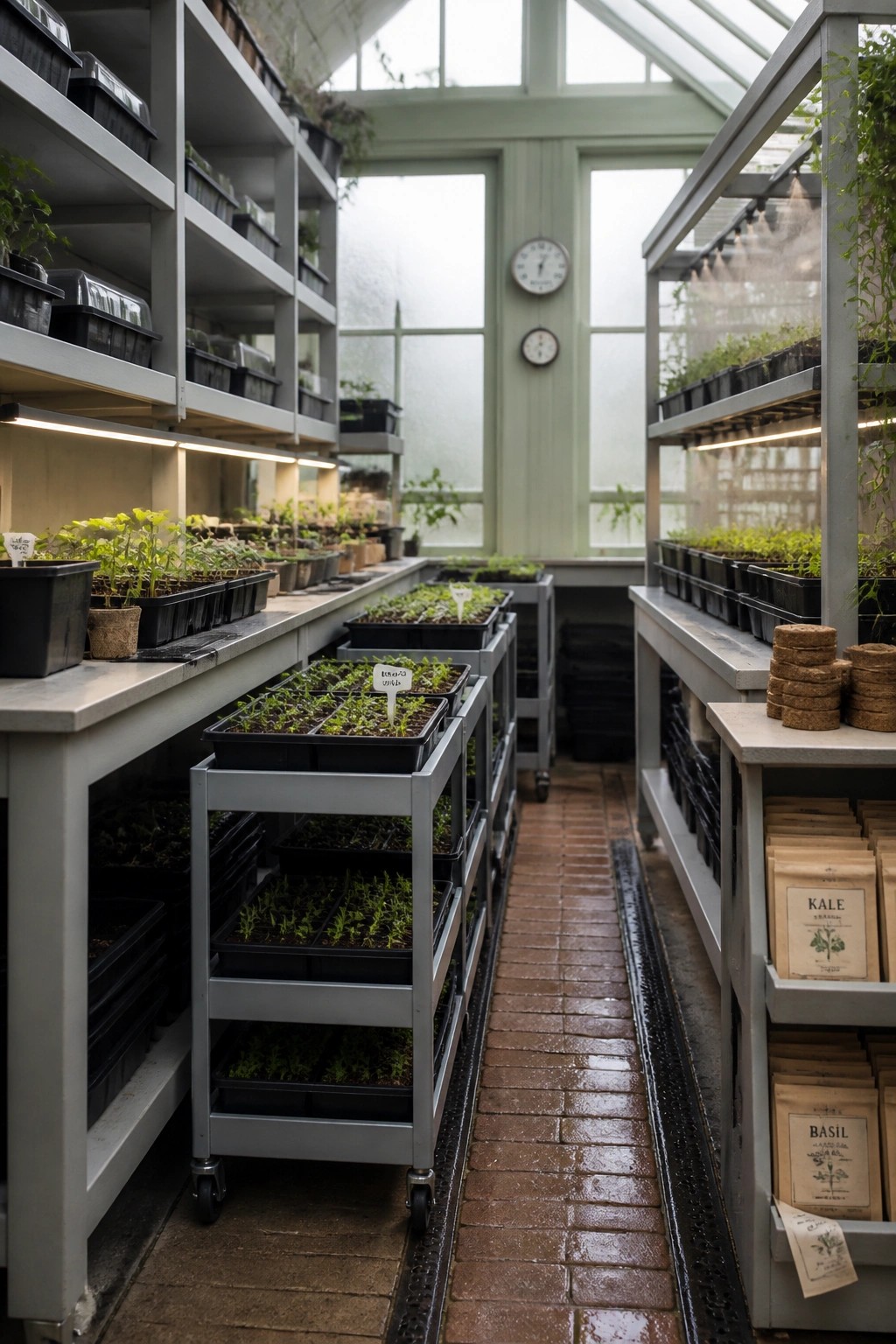 Greenhouse interior with gray shelving units, a rolling cart holding seedling trays, and organized plant labels along a brick floor.