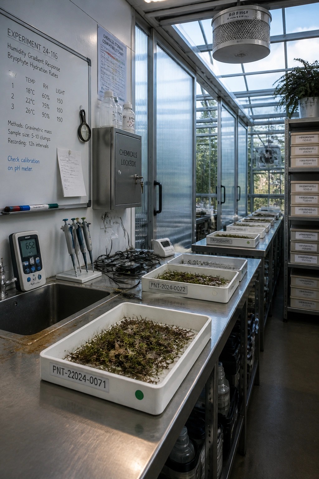 Interior of a greenhouse lab with stainless steel tables holding labeled plant trays, a whiteboard listing temperature and humidity settings for different bays, and lab equipment including pipettes and a pH meter.