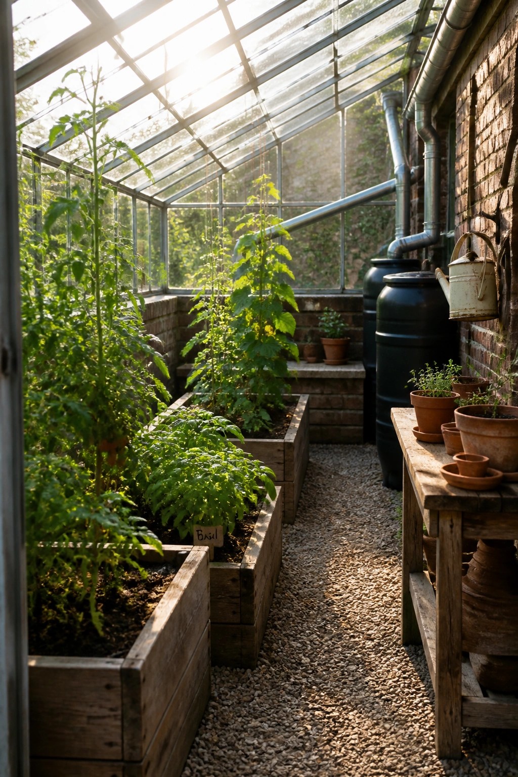 Greenhouse interior with wooden raised beds on both sides of a gravel path and various vegetable plants growing inside the beds.