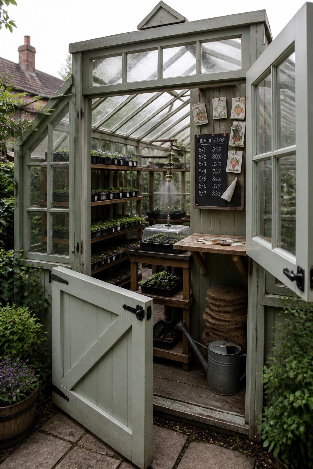 A pale green wooden greenhouse stands open with seedling trays on shelves inside and a humidity log chalkboard mounted on the right wall.