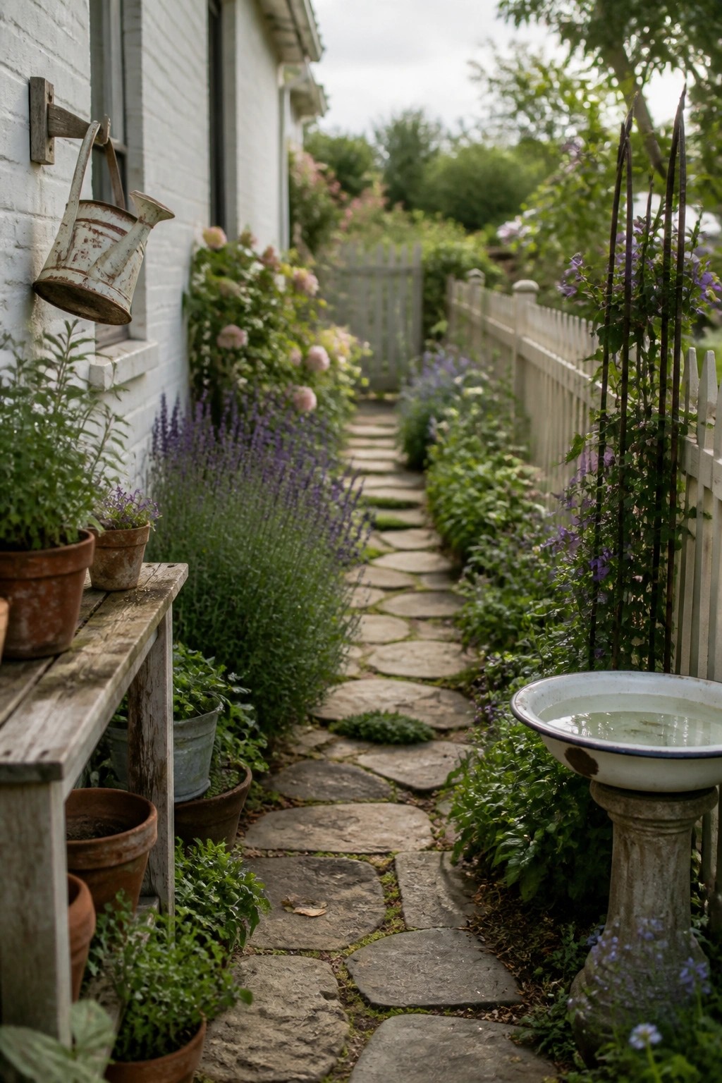 Stone path through lush garden with potted plants, flowers, bench, and birdbath