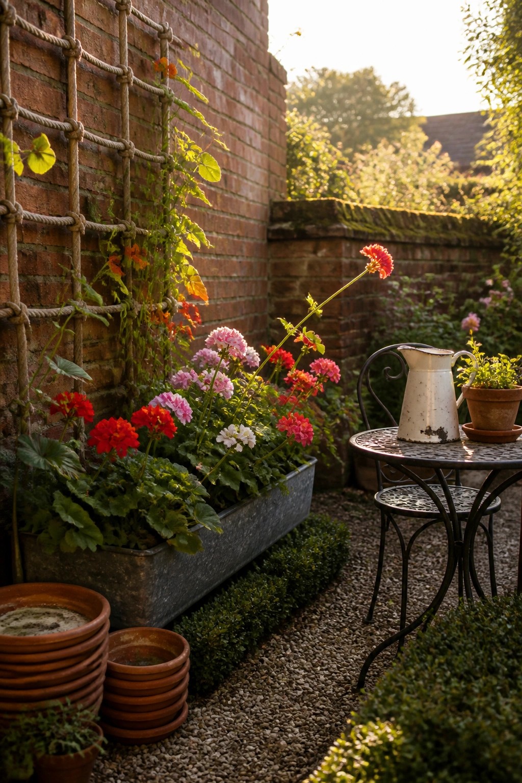 A long metal trough planter with red, pink, and white flowers sits against a brick wall fitted with a rope trellis holding orange climbing blooms, with stacked terracotta pots and a small metal table nearby on gravel.