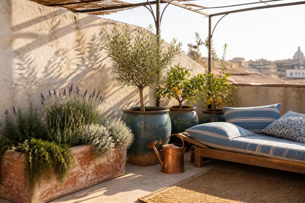 17 Sun-Loving Full Sun Container Gardens That Thrive Through Summer Sunny terrace with two large blue ceramic pots holding small trees, a long terracotta planter filled with lavender and greenery, and a wooden daybed with blue striped cushions.