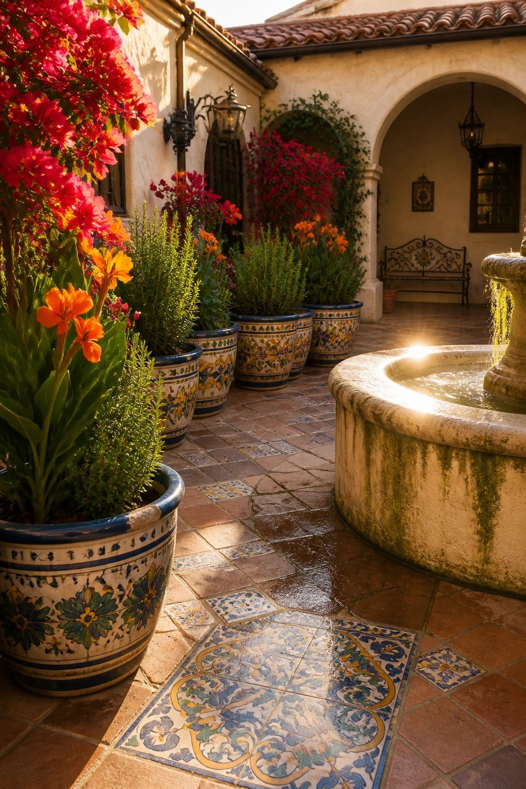 Vibrant bougainvillea and potted flowers surround a stone fountain in a sunlit tiled courtyard.