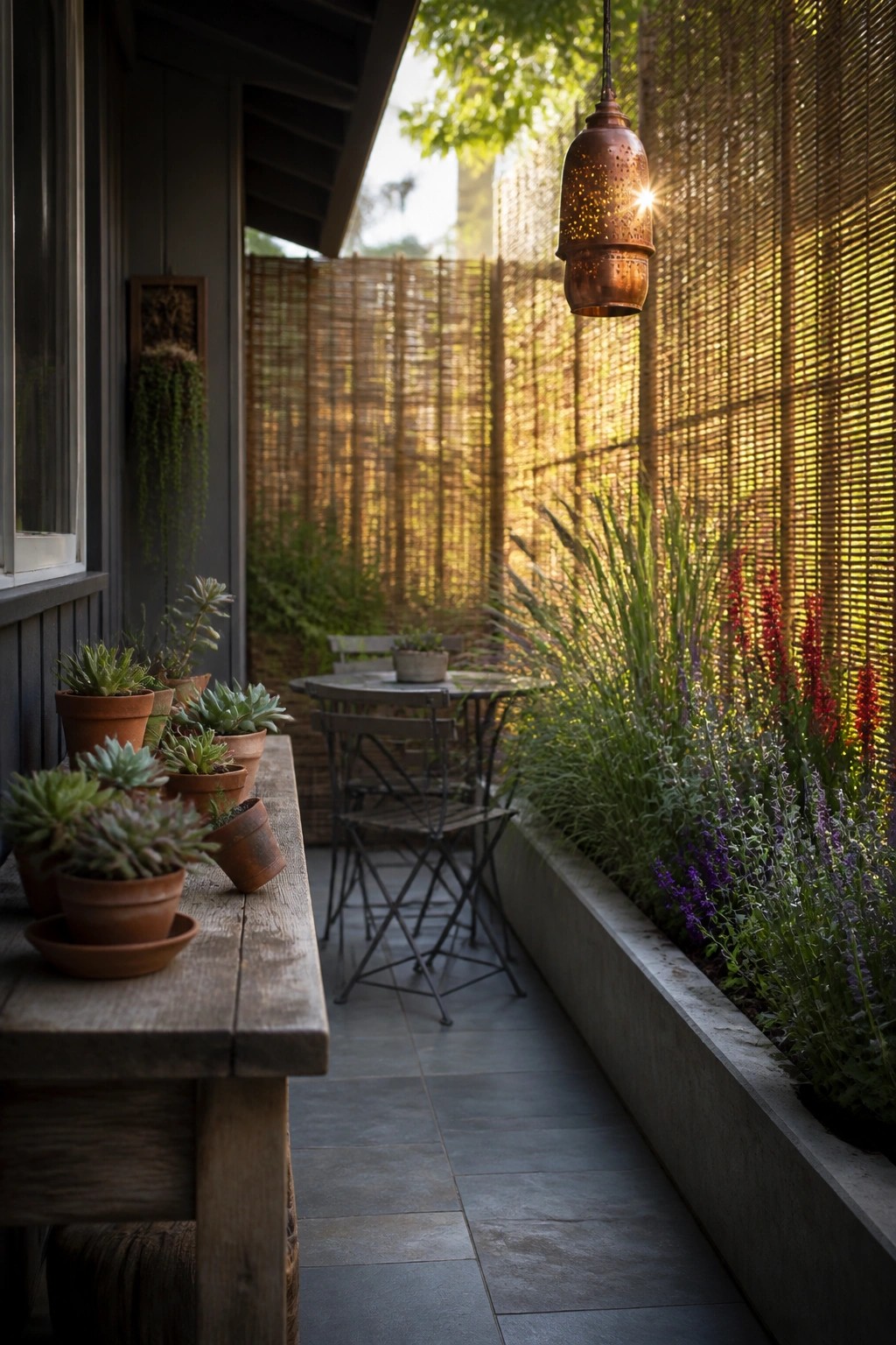 A wooden bench holds multiple terracotta pots with succulents beside a patio table and a long concrete planter with tall flowers and grasses.