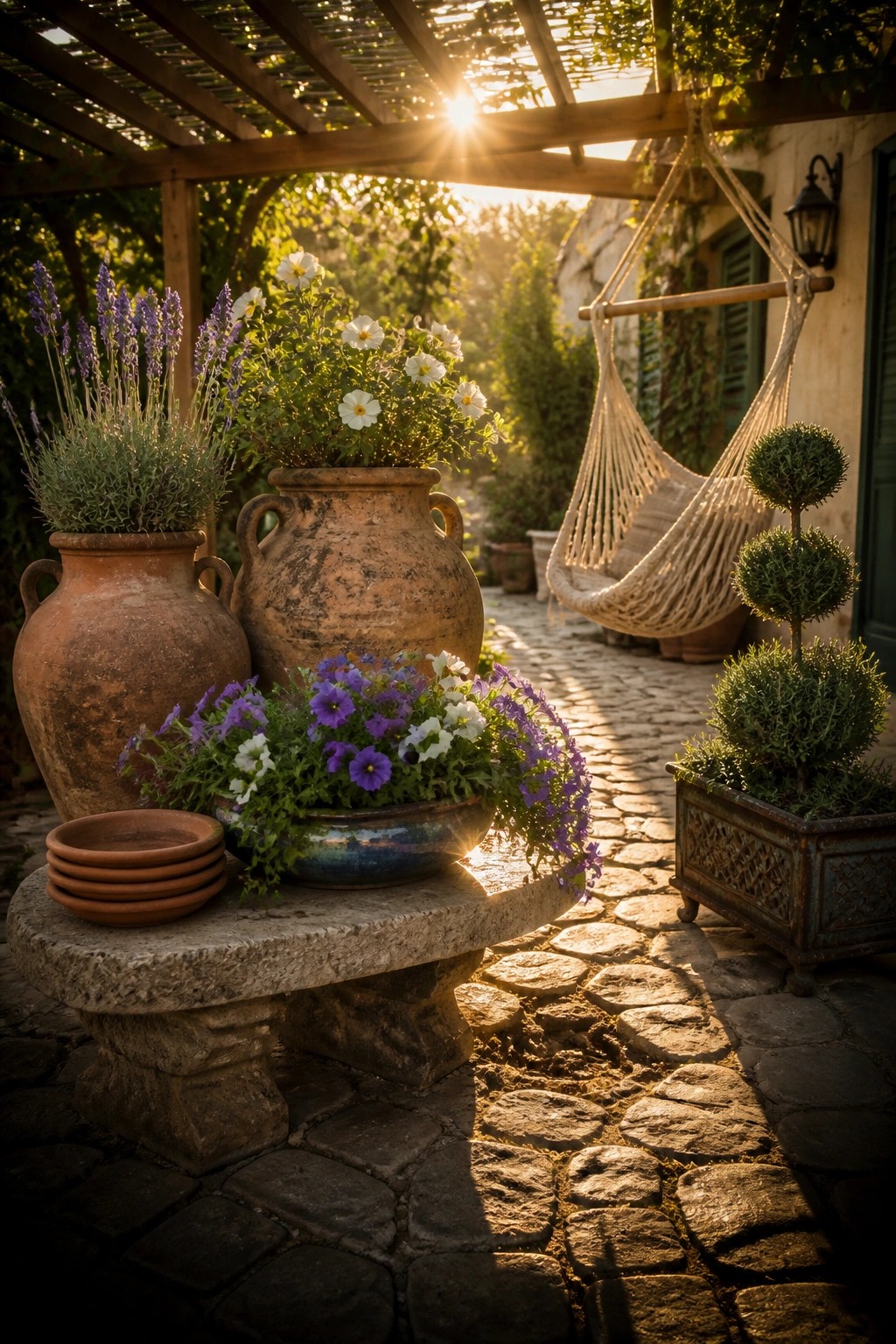 A garden path with large terracotta pots of lavender and white flowers plus a blue ceramic bowl of purple and white blooms arranged on a round stone table, next to topiary in a metal box and a hanging hammock under a pergola.