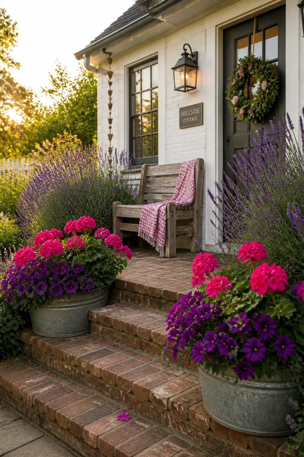 A white cottage with a dark door and brick steps lined by large galvanized tubs of pink geraniums and purple petunias.