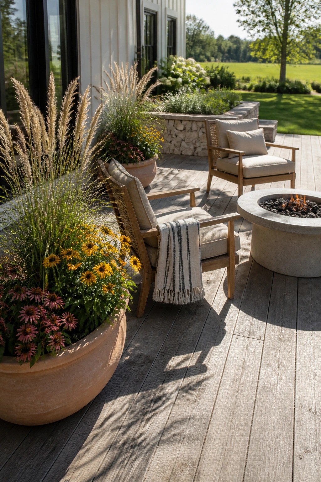 A wooden deck with two cushioned armchairs, a concrete fire pit, and several large terracotta pots holding yellow daisies, pink coneflowers, and tall ornamental grasses.