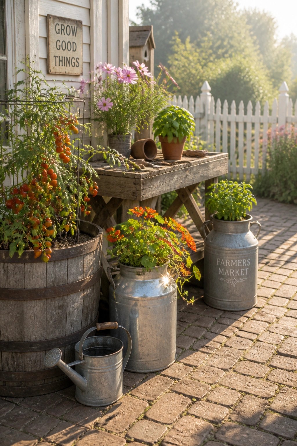 A cluster of tomato plants in a wooden barrel, orange flowers in metal cans, and other potted greenery arranged on a brick patio beside a white house.