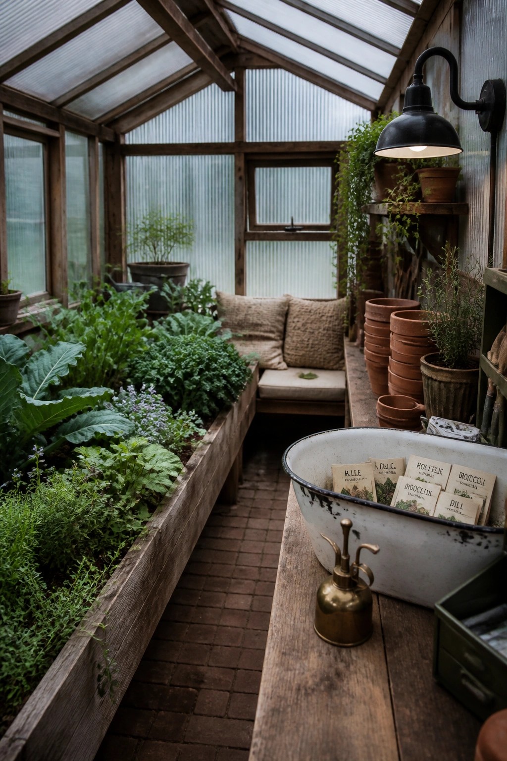 Interior of a wooden greenhouse with a long raised planter bed on the left, a cushioned bench along the right wall, and gardening supplies including seed packets and pots on a wooden surface in the foreground.