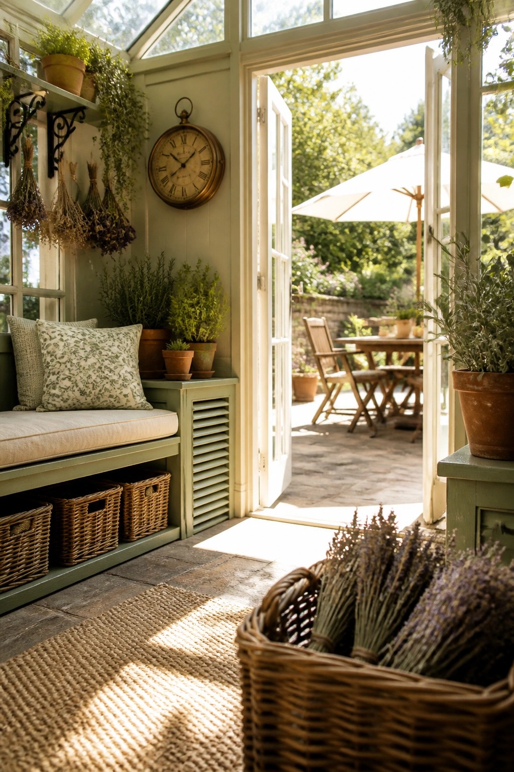 Greenhouse interior with a built-in green bench holding cushions, woven storage baskets underneath, potted plants on the bench, a wall clock, and open doors to an outdoor patio.