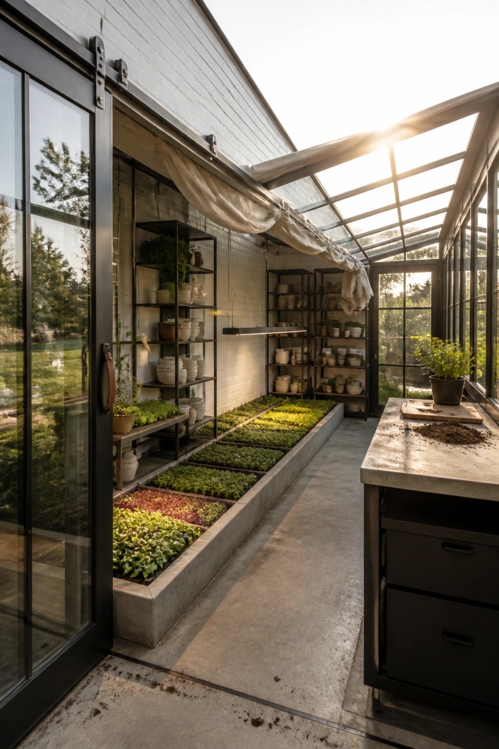 Interior of a greenhouse with long concrete planting beds filled with leafy greens, black metal shelving along white walls, and a concrete work table near open glass doors.