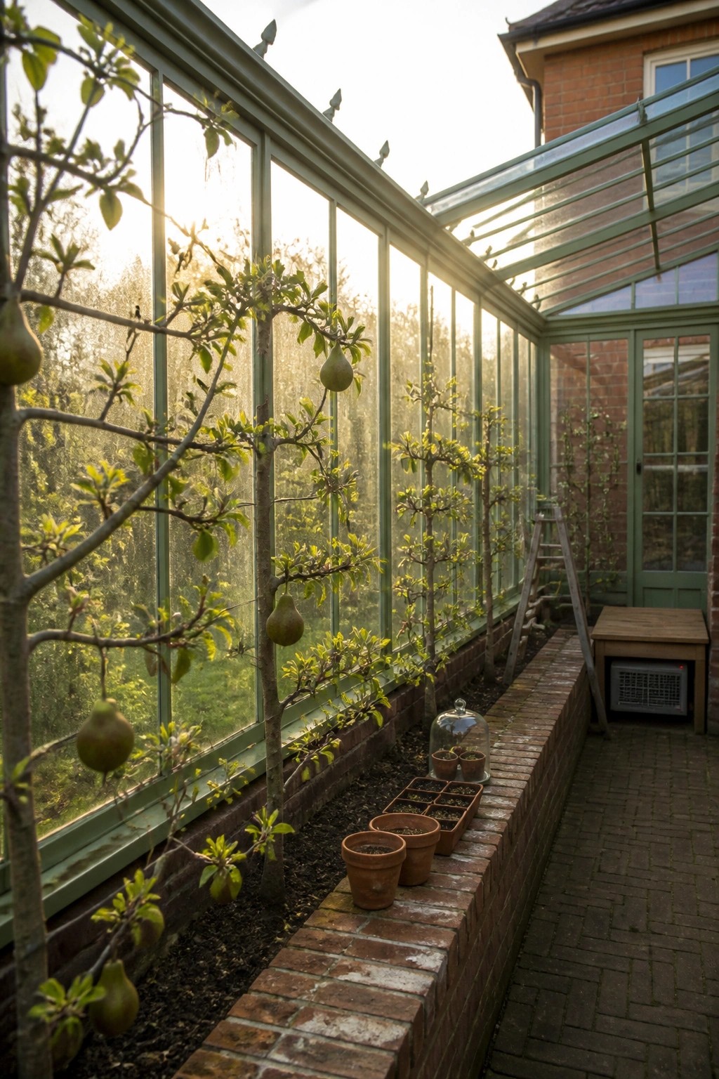 Pear trees with fruit in sunlit greenhouse beside potted seedlings on brick ledge