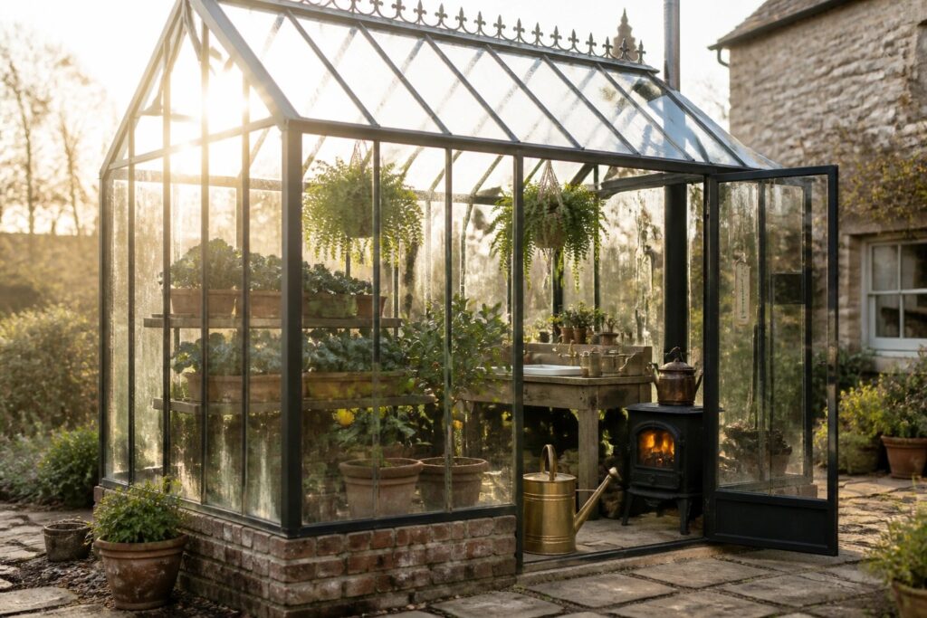 A black-framed greenhouse with its doors open, showing a lit wood stove inside along with plant shelves and hanging ferns.