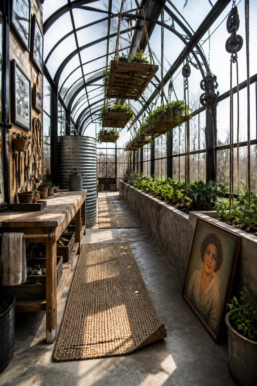 Rustic greenhouse with hanging planters, wooden workbench, concrete beds, and vintage portrait.
