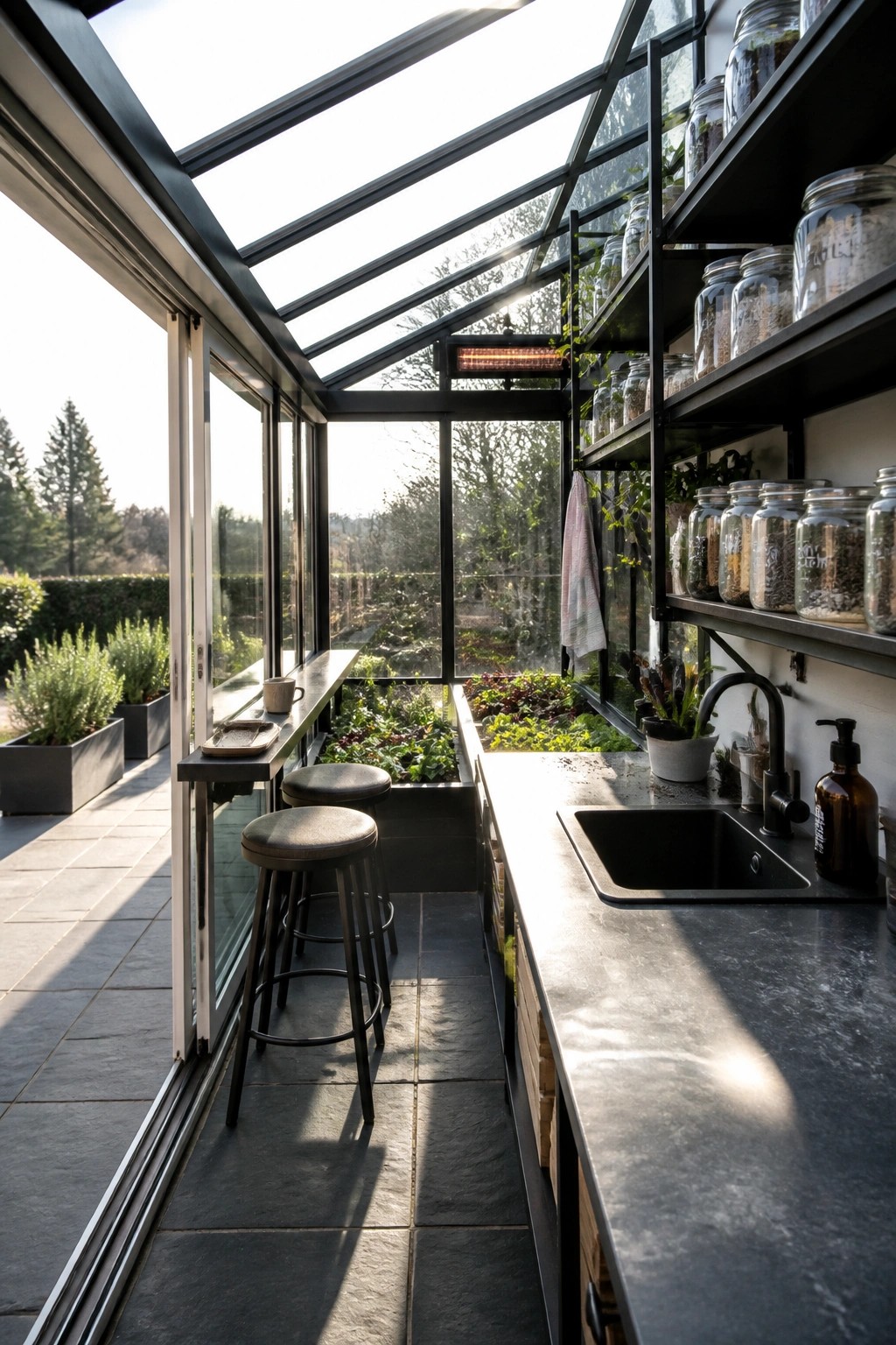 Interior view of a greenhouse showing a long dark countertop with sink, bar stools, open shelves holding glass jars, and central planting beds under a glass roof.