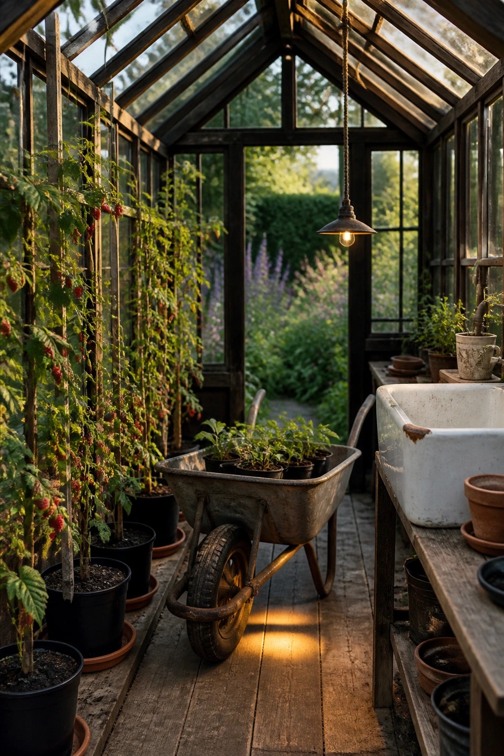 Interior view of a wooden greenhouse with a metal wheelbarrow holding small potted seedlings on a plank floor, next to rows of potted plants and a white sink.