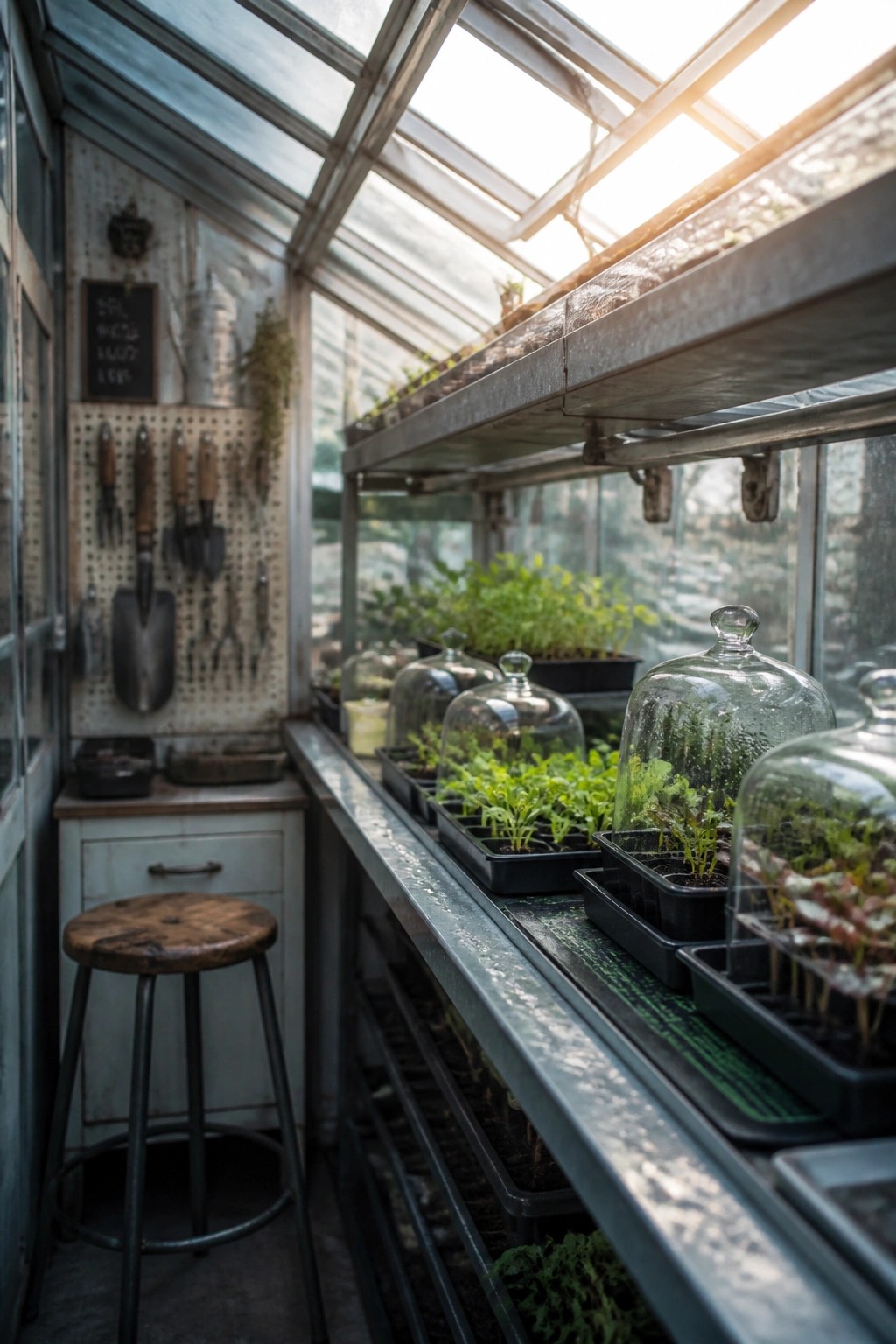 Sunlit greenhouse with seedling trays under glass cloches on metal shelves and wall tools