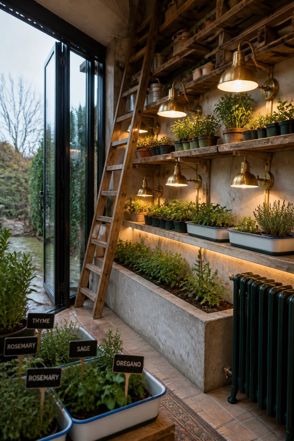 An indoor growing area with wooden shelves holding potted herbs under brass lamps, a leaning wooden ladder, concrete planters, and labeled containers for rosemary, sage, thyme, and oregano.