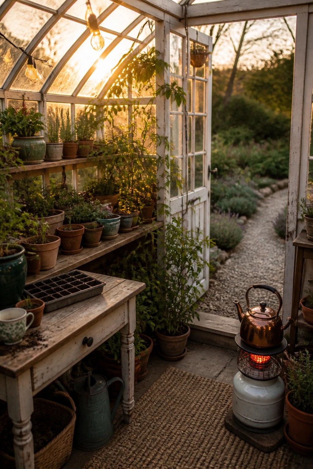 A greenhouse interior with wooden plant shelves, a work table holding a seed tray, and a lit portable heater with a copper kettle on top near an open door.