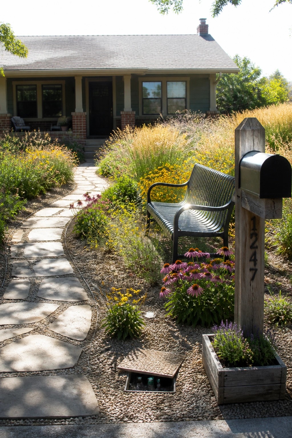 A curving stone path runs through flower beds and gravel in front of a house, with a bench and mailbox visible on the right.