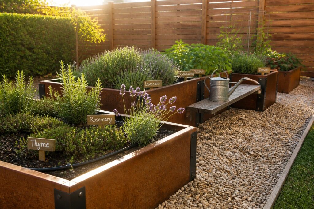 20 Modern Metal Raised Garden Beds for a Clean Outdoor Style A row of rectangular metal raised garden beds with herbs and lavender plants lines a gravel path beside a wooden fence, with a metal watering can resting on a wooden bench.
