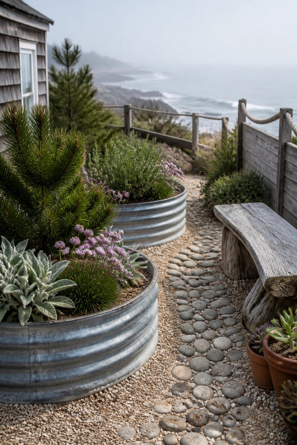 A gravel path runs beside two round galvanized metal raised garden beds planted with shrubs and purple flowers, with a wooden bench and potted plants nearby.