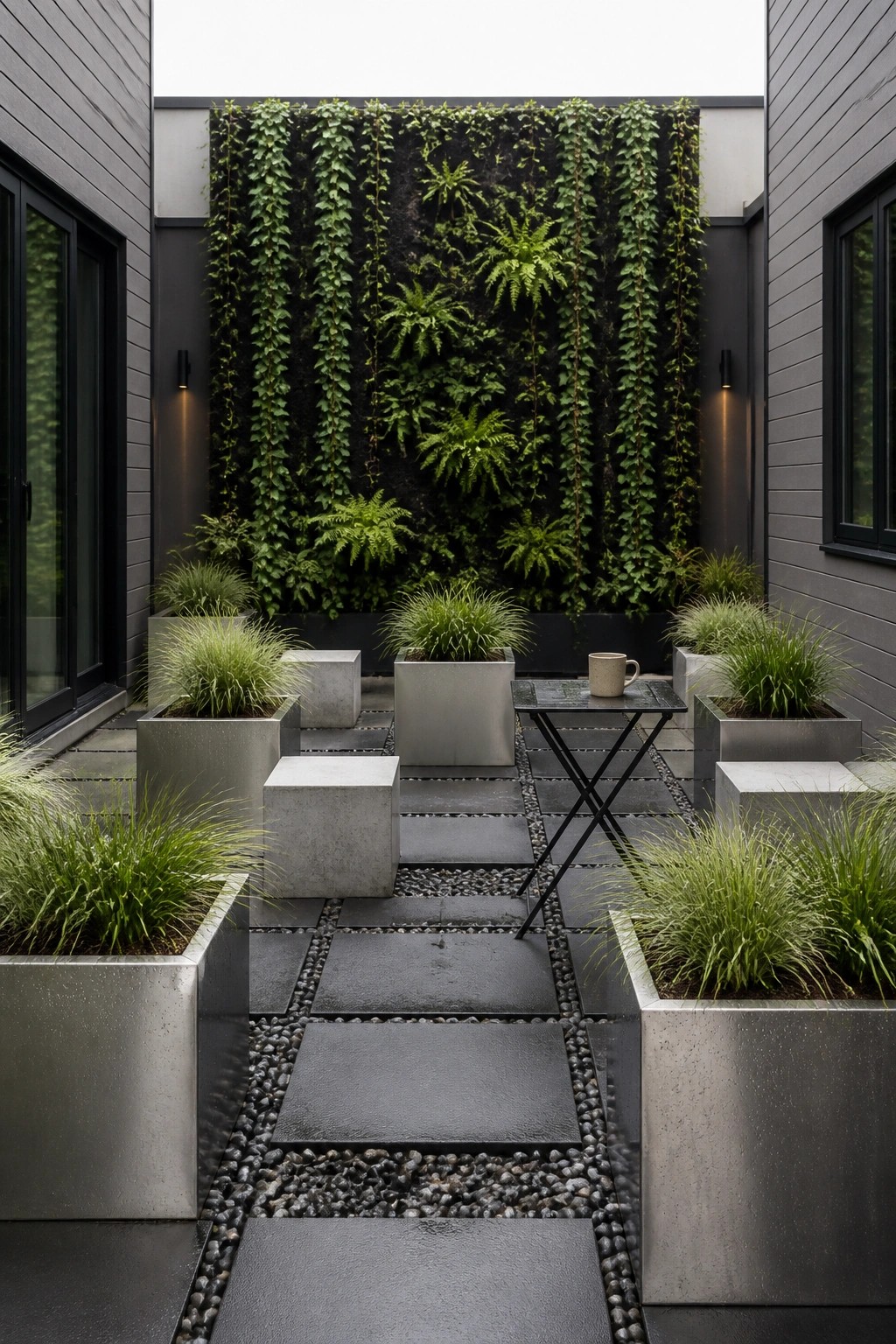 Modern courtyard with rectangular metal raised garden beds holding ornamental grasses, a stone paver path with pebble borders, and a large vertical living wall in the background.
