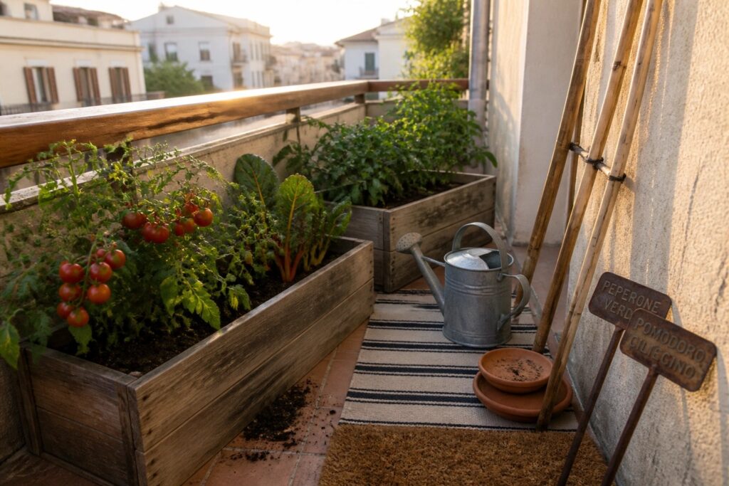 16 Practical Vegetables for Containers That Stay Low Maintenance Rustic wooden planters with tomatoes and greens on sunny city balcony