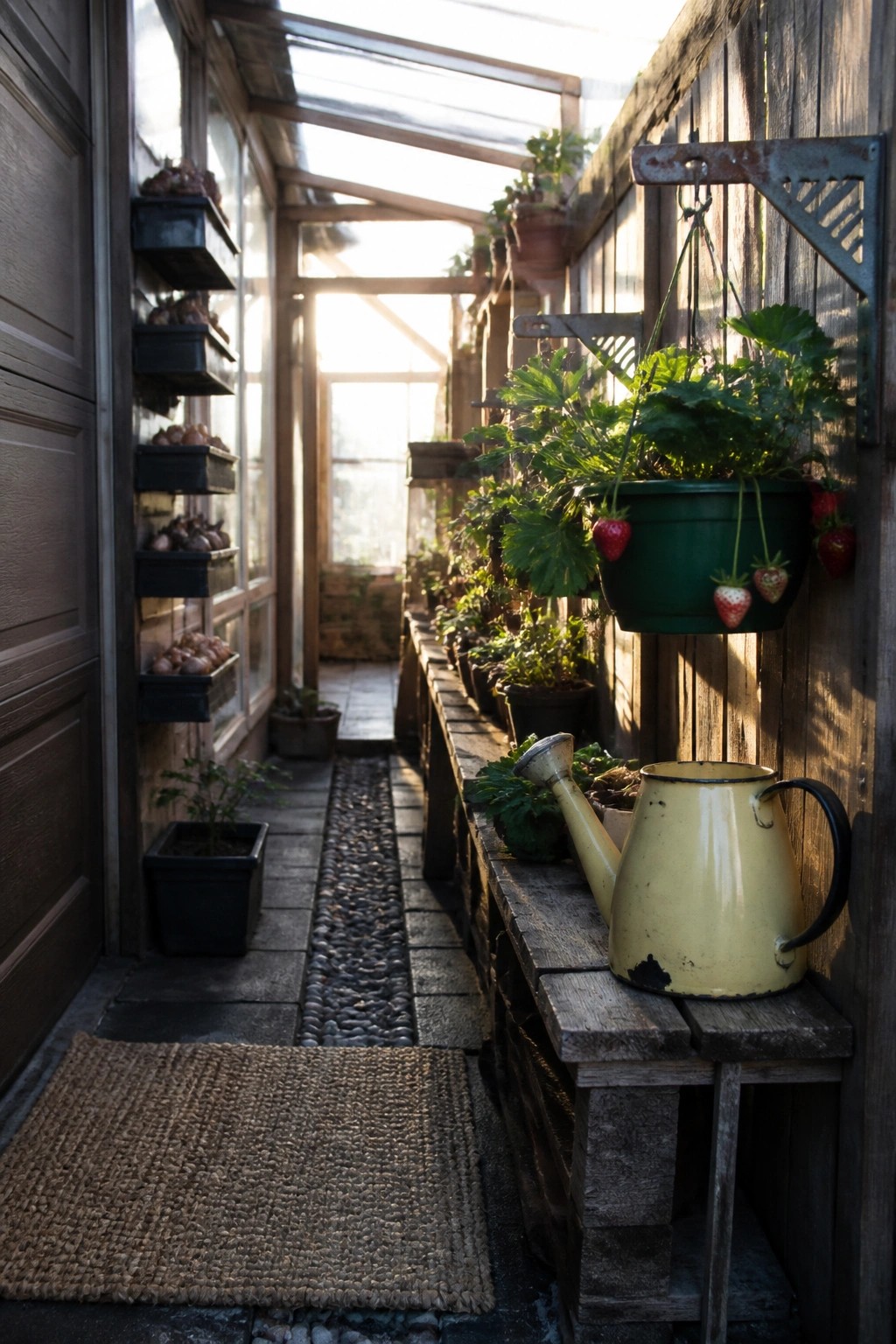 A narrow greenhouse interior with reclaimed wood pallet benches holding potted plants, a hanging strawberry planter, and a yellow watering can on the right side.