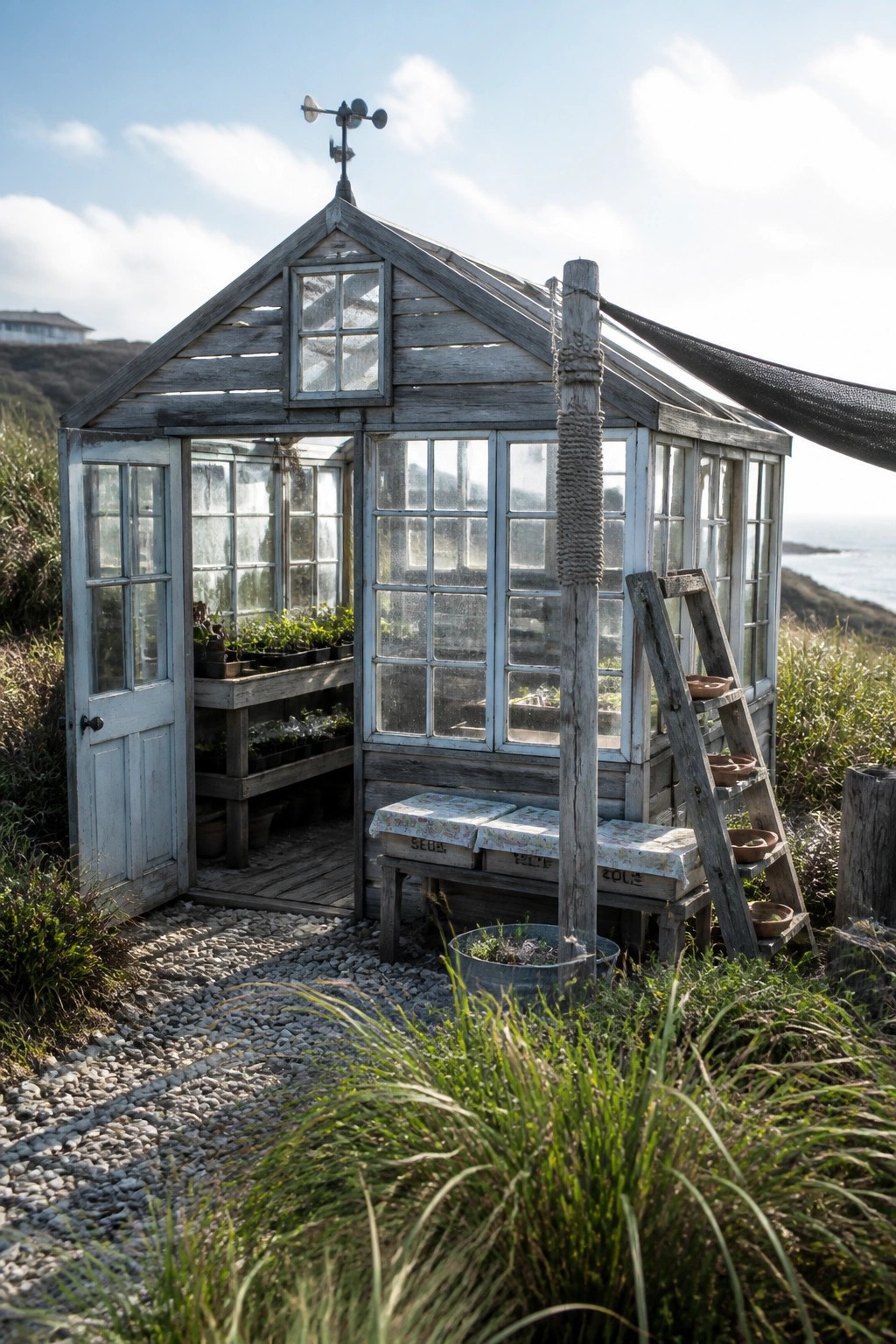A weathered wooden greenhouse with glass panes sits on a pebble path beside the ocean, with an open door, a wooden ladder leaning against it, and plant trays visible inside.