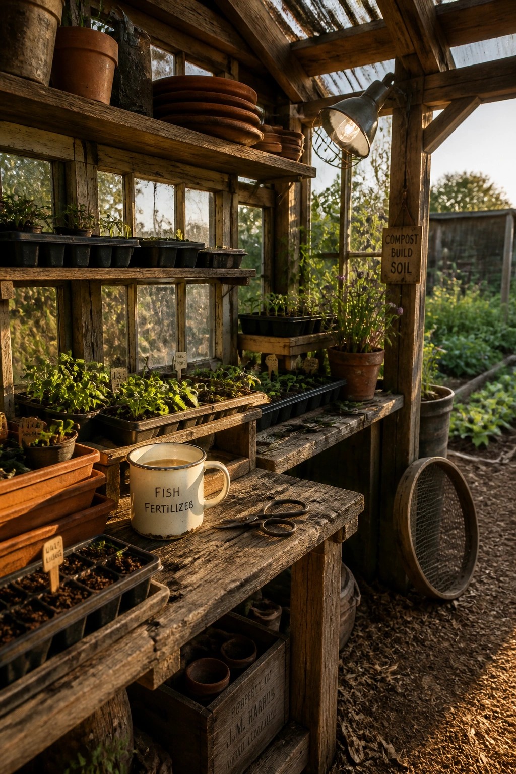 A greenhouse interior with reclaimed wood shelves and benches holding many plant trays and seedlings, plus a workbench with a mug and scissors.