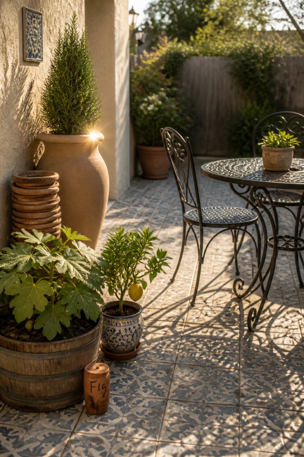 A patio scene with potted plants including a fig tree in a wooden barrel and a small citrus tree in a blue-and-white pot, placed beside a metal table and chairs on patterned tiles.