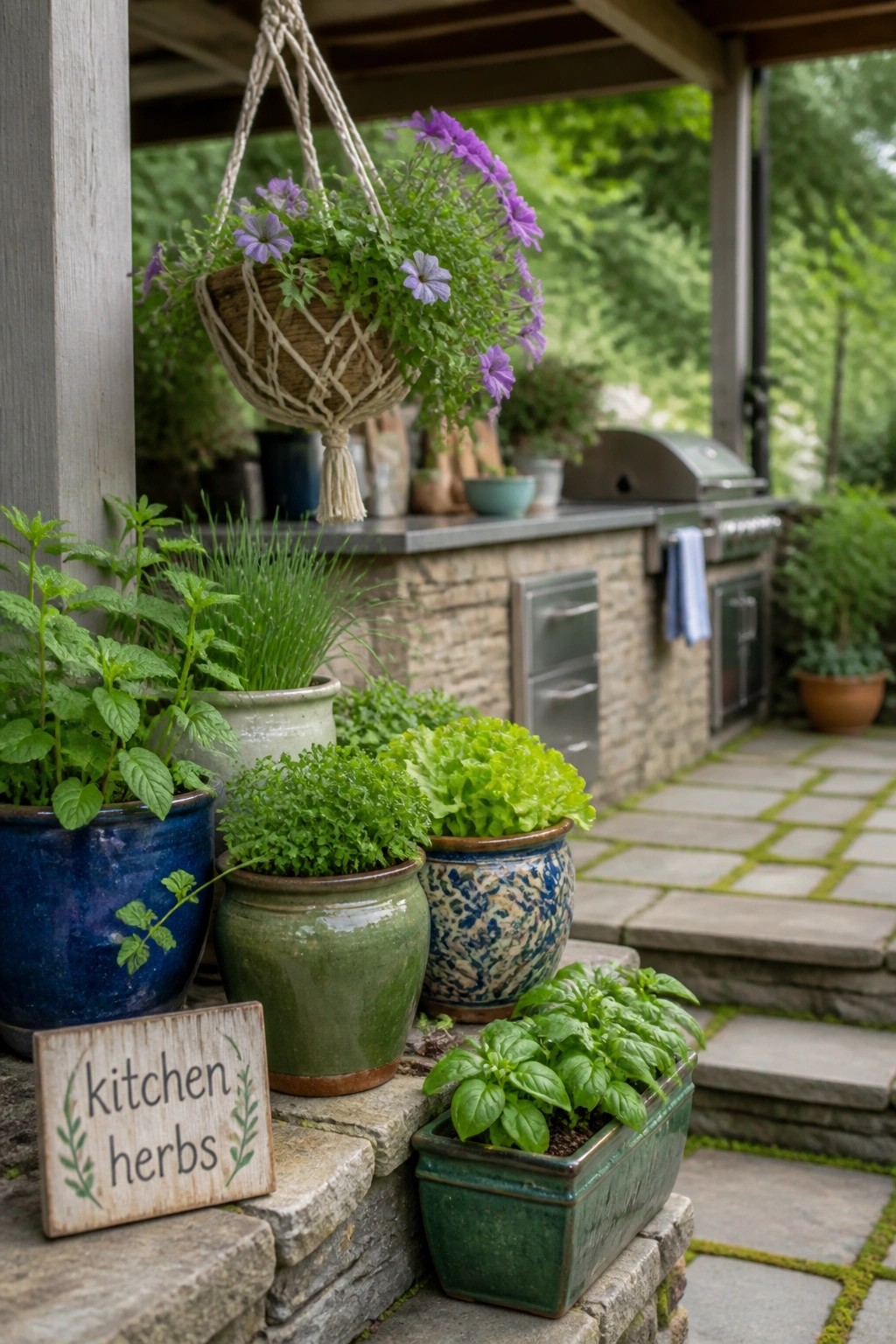 Colorful pots of kitchen herbs on stone steps by outdoor grill