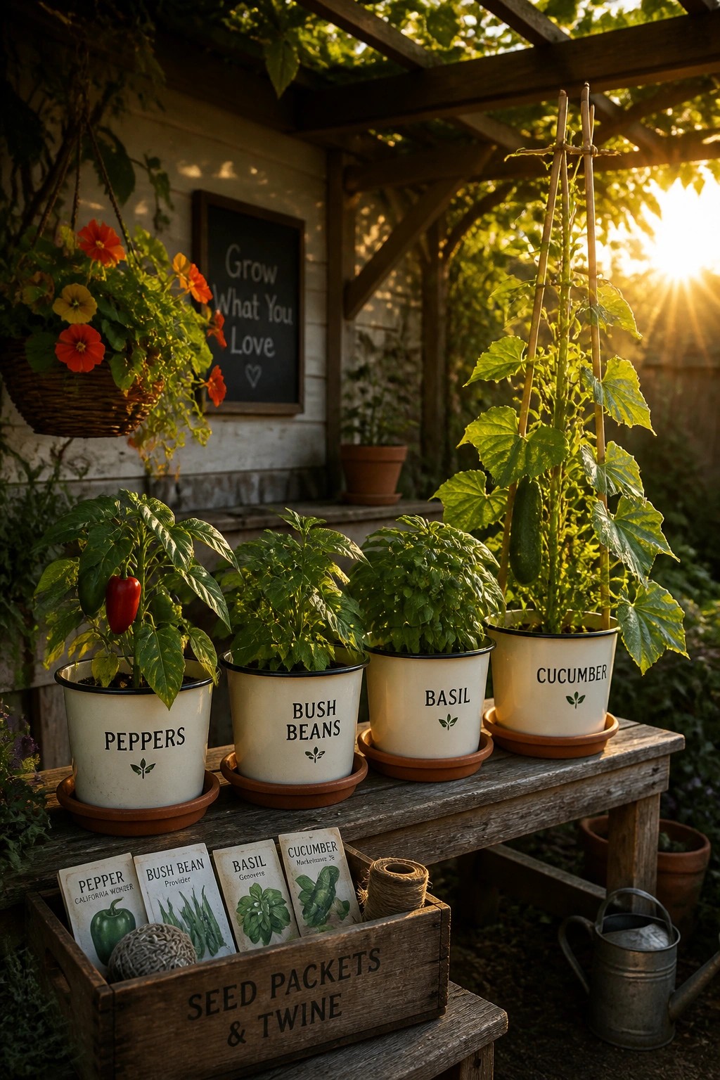 Labeled potted peppers, beans, basil and cucumber on wooden bench with seed packets