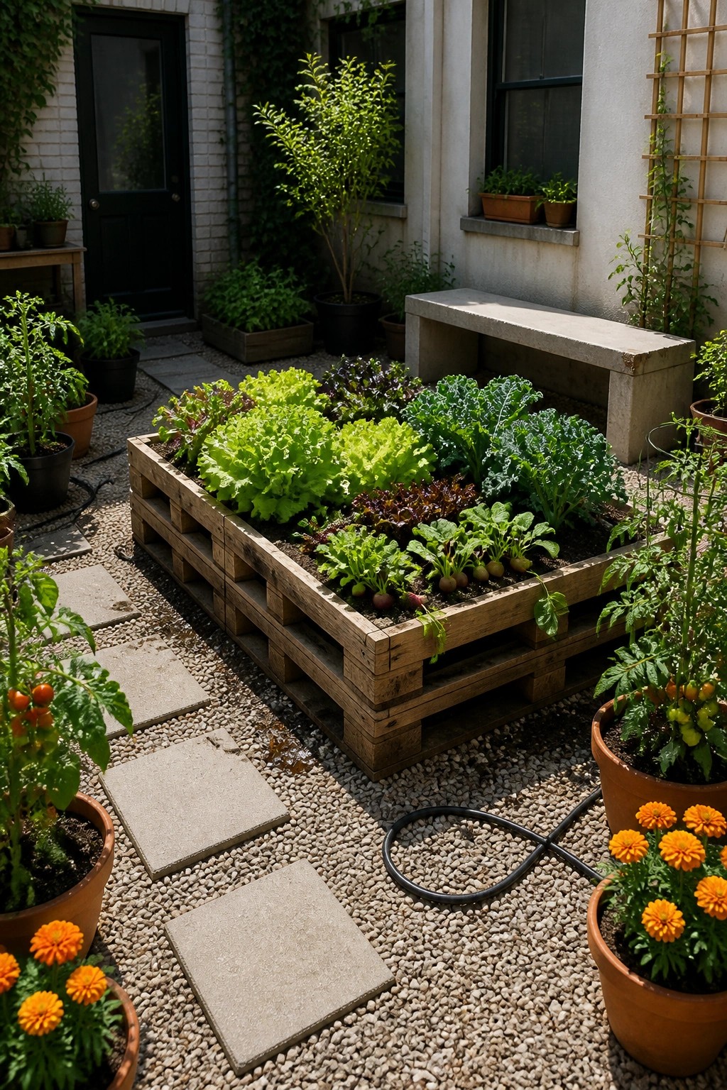 A large wooden pallet planter filled with leafy greens and root vegetables sits on gravel beside a house, with potted plants and stone stepping stones around it.