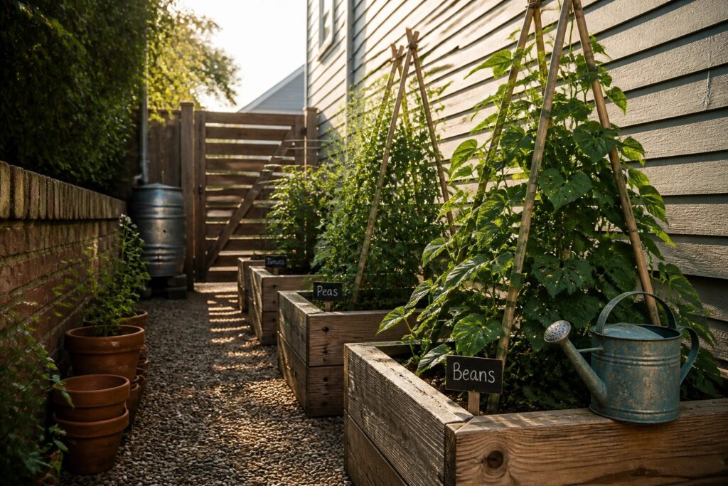 A narrow gravel garden path lined with wooden raised beds that have bamboo pole trellises supporting climbing plants, next to a house wall with a metal watering can resting on one bed.
