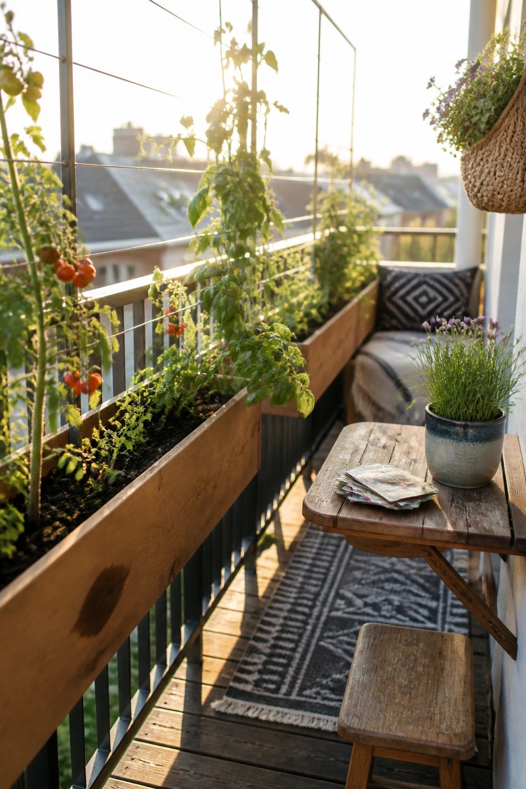 Wooden raised garden beds mounted along a balcony railing with tomato plants and herbs growing upward on vertical supports, next to a small wooden table and stool.