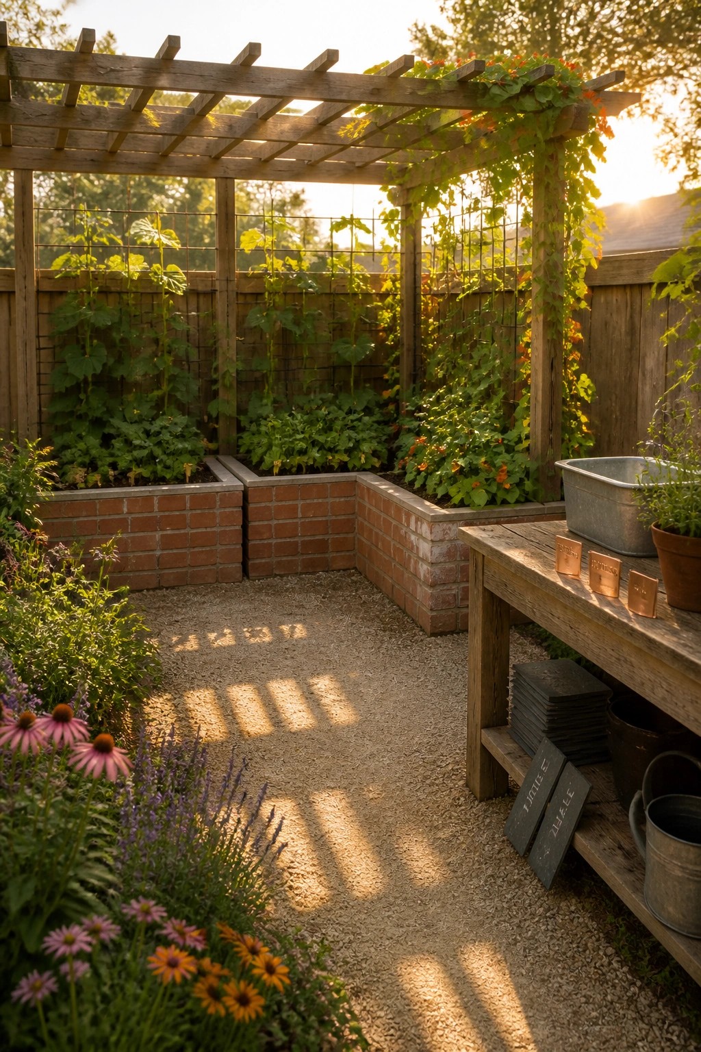A garden area with raised brick beds, wire trellis panels supporting climbing plants, a gravel path, and a wooden workbench with supplies.