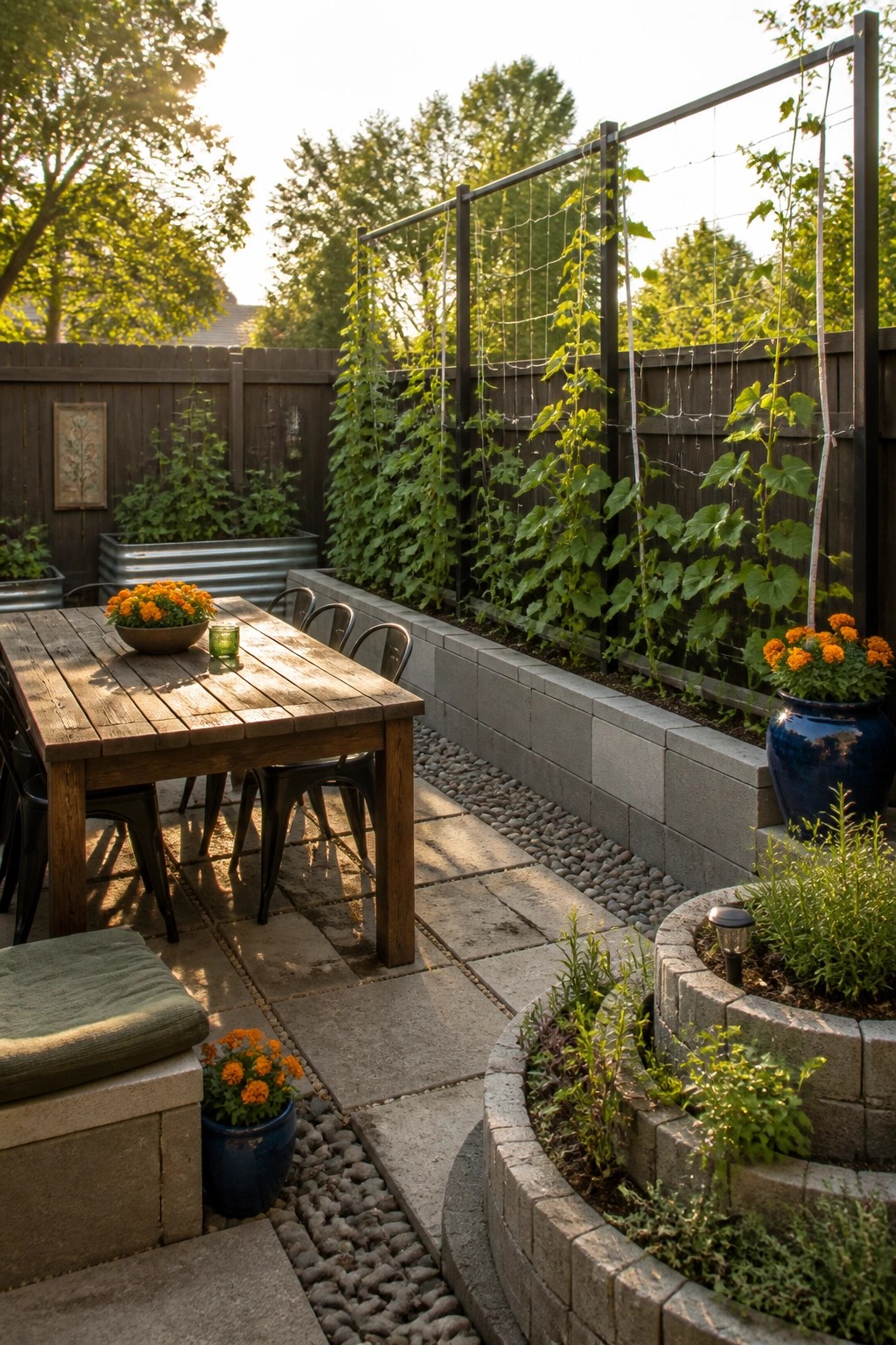 A patio area with a wooden dining table beside raised garden beds made of concrete blocks, with climbing plants growing on wire trellises attached to a dark fence.