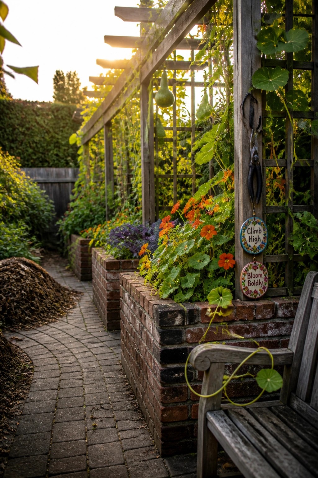 A brick raised garden bed with wooden trellis supporting climbing vines and orange flowers beside a paved path.